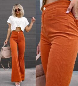 Solid Color Mid-waist Slim-fit Micro Flared Pants Corduroy